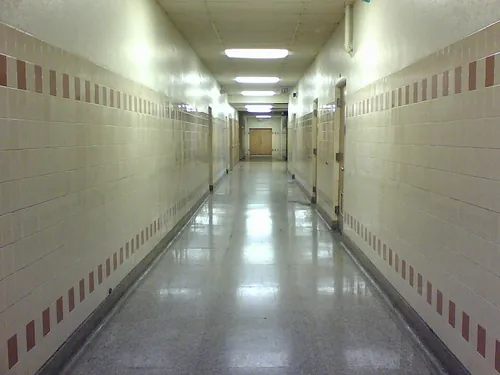 An empty hallway on the first floor of Lorain High School.