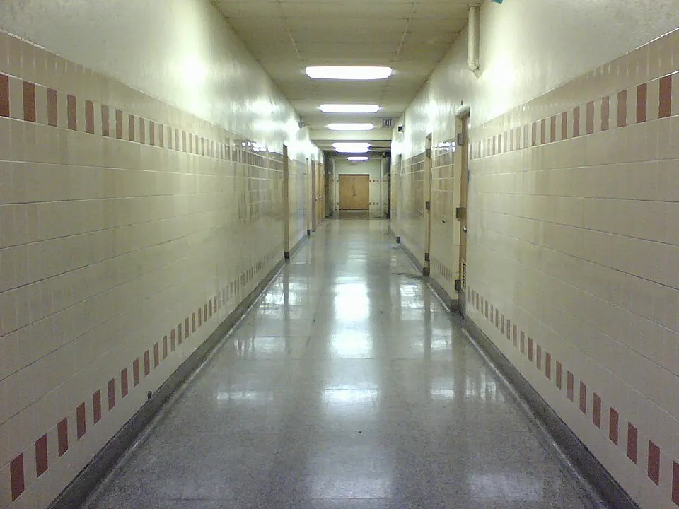 An empty hallway on the first floor of Lorain High School.