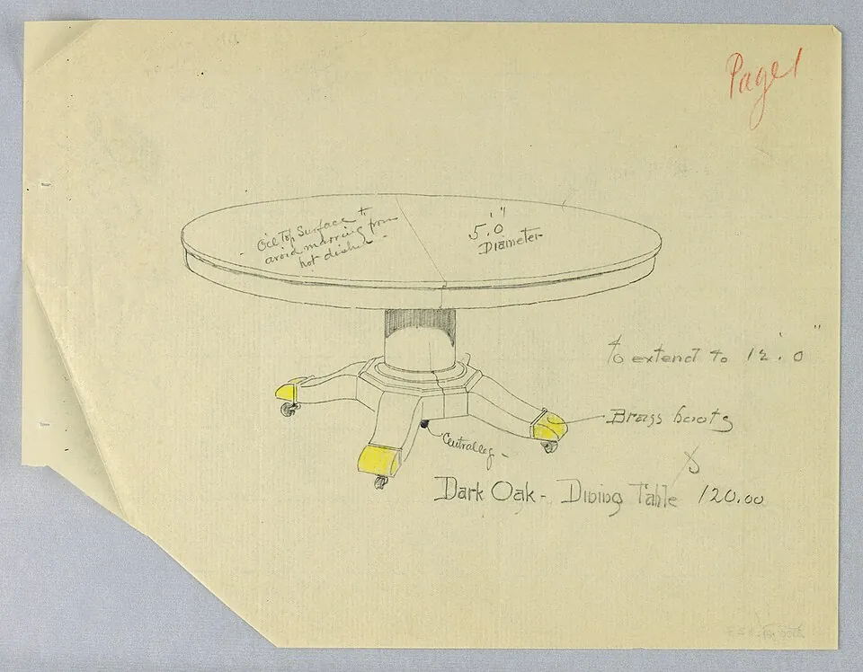 Round and molded table top with a dividing stretcher running across the center; is raised on a plain column-like support sitting atop a mold