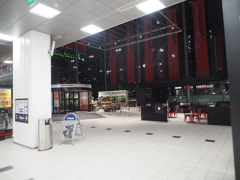 Interior of the Ruoholahti shopping centre in Ruoholahti, Helsinki, Finland empty of people on an evening in September 2022.