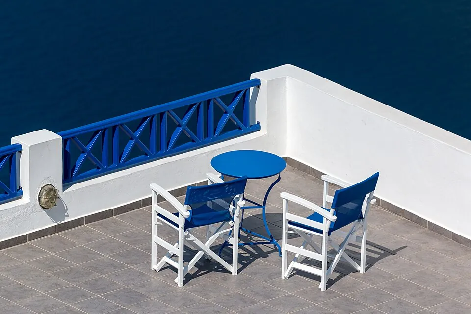 Table and chairs in Fira, Santorini, Greece
