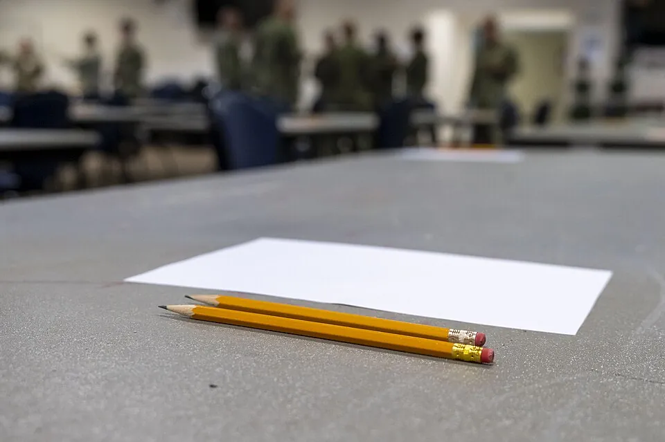 DIEGO GARCIA, British Indian Ocean Territory (Sept. 4, 2025) Pencils and scratch paper lie on a table onboard Navy Support Facility Diego Ga